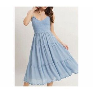 WILFRED Aritzia Tuberose Midi Dress Women XL Chiffon Blue Smocked Strappy Fairy